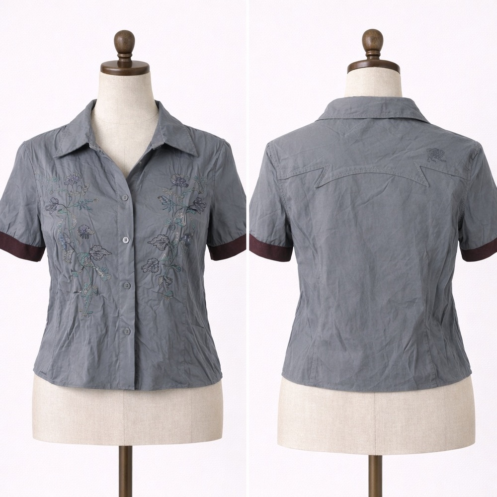 Rare Vintage Parasuco Y2K Crinkle Blouse Embroidered 100% Cotton Size S